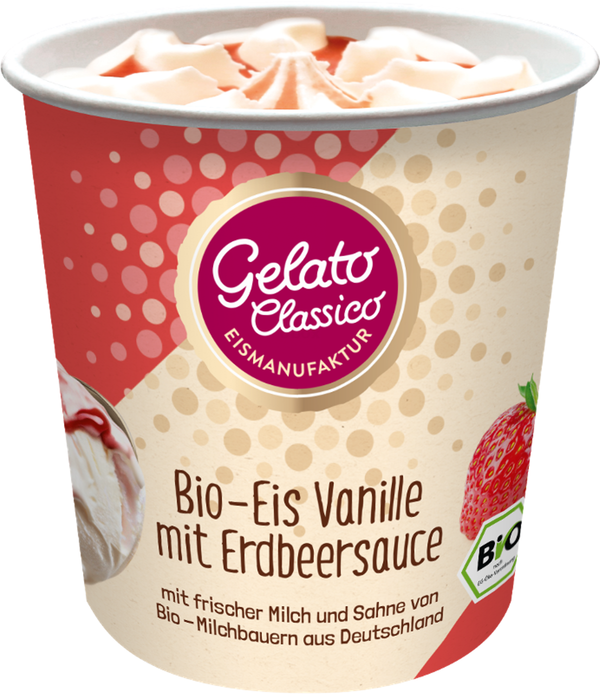 Produktfoto zu Vanilleeis mit Erdbeersauce