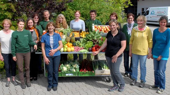 KI generiert: Gruppe von Menschen mit einem Wagen voller frischem Obst und Gemüse im Freien.