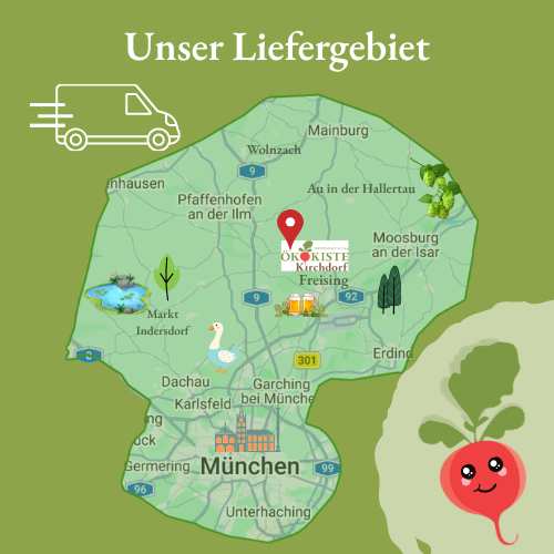 KI generiert: Liefergebiets-Karte mit Städten, Radieschen-Grafik und Text: "Unser Liefergebiet".