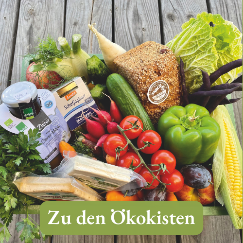 KI generiert: Eine Auswahl an frischem Gemüse und Brot auf Holztisch. Text: "Zu den Ökokisten."
