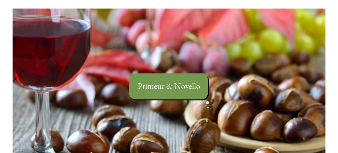 KI generiert: Herbstliches Stillleben mit Wein, Kastanien und Trauben. Text: "Primeur & Novello".