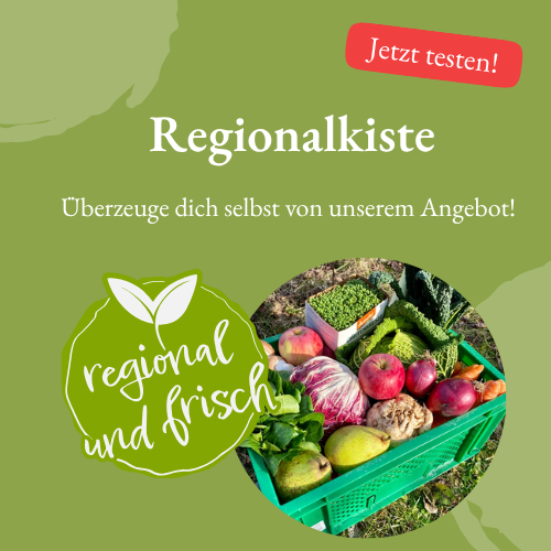 KI generiert: Regionalprodukte in Kiste; Text: "Regionalkiste. Überzeuge dich selbst von unserem Angebot! regional und frisch."