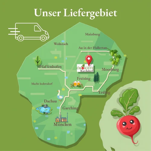 KI generiert: Liefergebiets-Karte mit Städten, Radieschen-Grafik und Text: "Unser Liefergebiet".