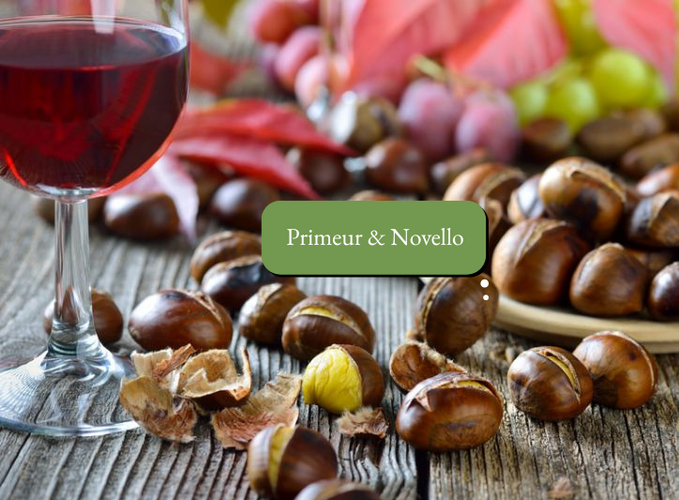 KI generiert: Ein Glas Rotwein, Kastanien und das Wort "Primeur & Novello".