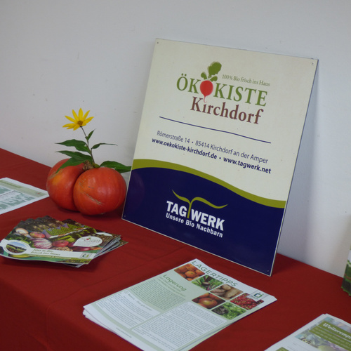 KI-generierte Beschreibung: Hauptinhalt: Ökokiste Kirchdorf Werbematerial mit Bio-Produkten. Text: "100% Bio frisch ins Haus Ökokiste Kirchdorf".