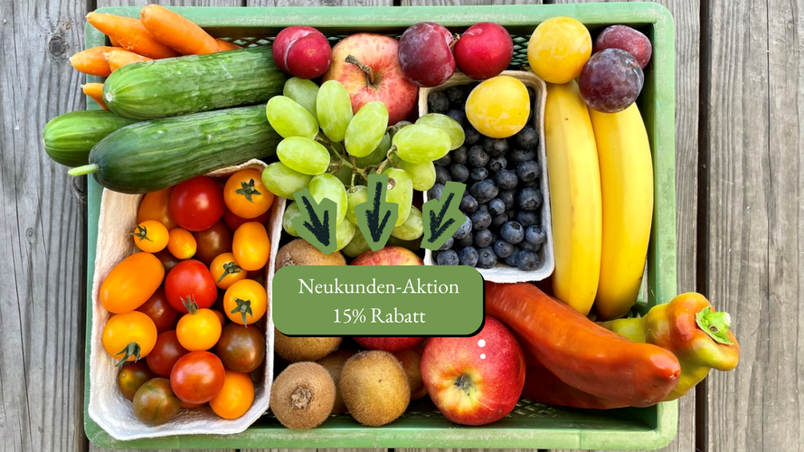 KI generiert: Ein Korb mit frischem Obst und Gemüse. Text: "Neukunden-Aktion 15% Rabatt".