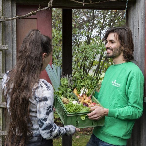 KI generiert: Zwei Personen halten zusammen eine Kiste voller frischem Gemüse im Garten.