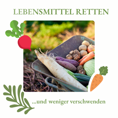 KI generiert: Ein Schubkarren voller Gemüse mit Text: "LEBENSMITTEL RETTEN ...und weniger verschwenden".