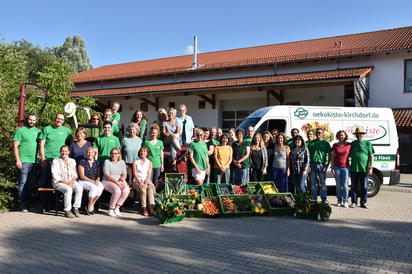 KI generiert: Eine Gruppe posiert vor einem Lieferwagen mit frischem Obst und Gemüse. Text: "oekokiste-kirchdorf.de".