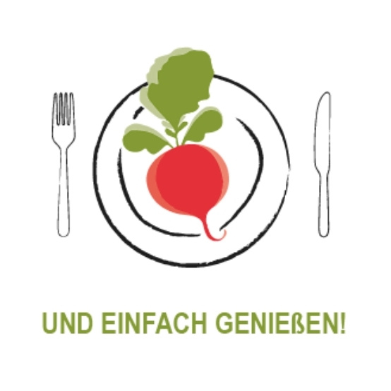 KI generiert: Ein Teller mit Radieschen, Gabel und Messer. Text: "UND EINFACH GENIEßEN!"