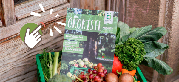 KI generiert: Ein Magazin namens "die Ökokiste" liegt in einer Kiste mit frischem Gemüse.