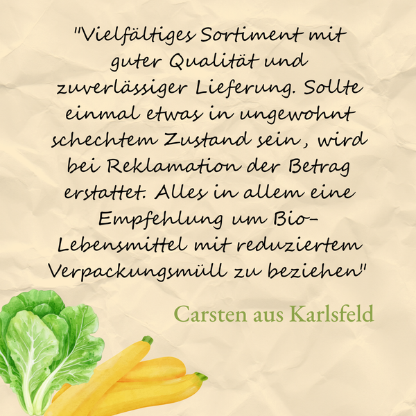 KI generiert: Ein Kundenfeedback zu Bio-Lebensmitteln mit Text: „Vielfältiges Sortiment mit guter Qualität...“ von Carsten aus Karlsfeld.