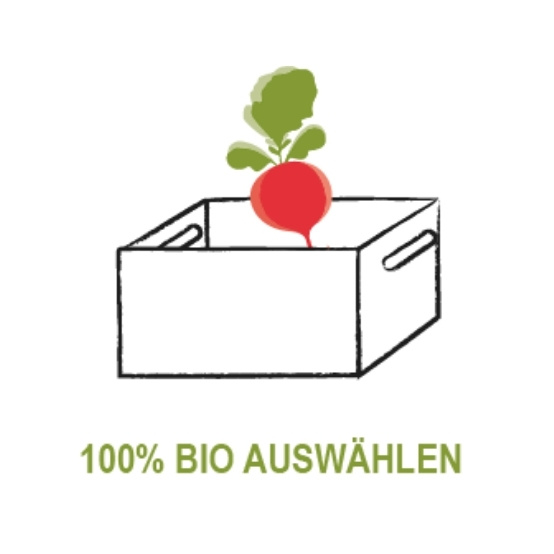 KI generiert: Eine Rote Bete in einer Kiste. Text: "100% BIO AUSWÄHLEN".