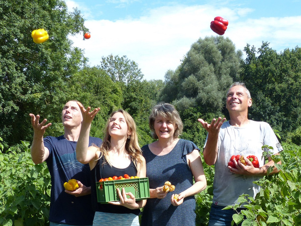 KI generiert: Vier Personen auf einem Feld werfen Paprika in die Luft, sie wirken fröhlich und entspannt.