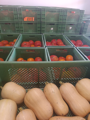 KI-generierte Beschreibung: Kartoffeln und Tomaten in einem Supermarktregal.