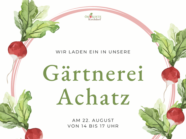 KI generiert: Einladung in die Gärtnerei Achatz am 22. August von 14 bis 17 Uhr, mit Radieschenverzierung.