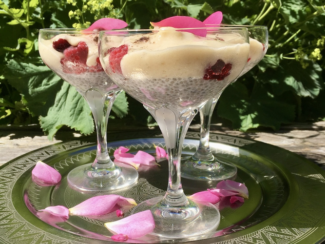Rezeptbild für Chia-Kokospudding mit Himbeeren und Bananenpüree