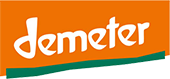 KI generiert: Logo mit dem Text "demeter" auf orangefarbenem Hintergrund und grüner Basis.