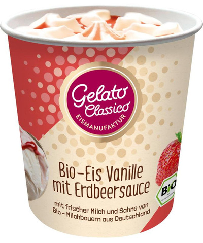 Produktfoto zu Vanilleeis mit Erdbeersauce