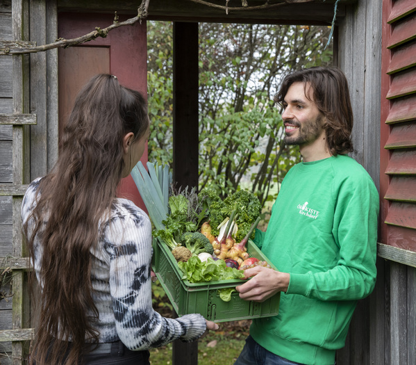 KI generiert: Eine Person überreicht einer anderen eine Kiste mit frischem Gemüse.