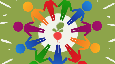 KI generiert: Bunte Figuren halten sich im Kreis um eine rote Rübe. Keine Textelemente im Bild.