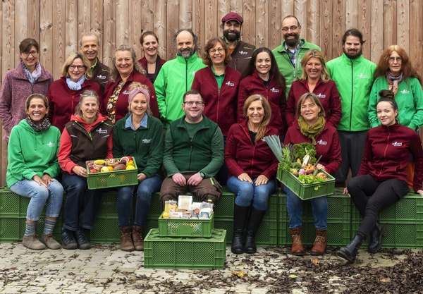 KI generiert: Eine Gruppe von Personen posiert mit Obst- und Gemüsekisten.