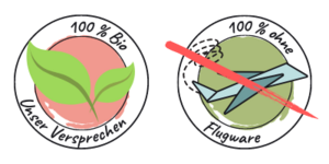 KI generiert: Zwei runde Bio-Logos mit Text: "100 % Bio, Unser Versprechen" und "100 % ohne Flugware".