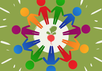 KI generiert: Bunte Figuren halten sich in einem Kreis an den Händen, mit einer Rübe in der Mitte.