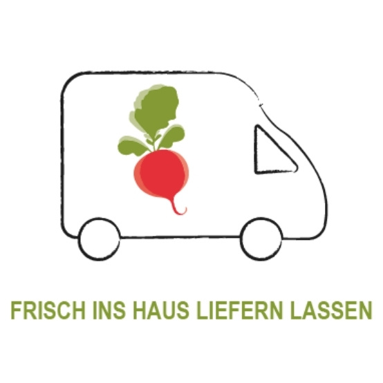 KI generiert: Grafik eines Lieferwagens mit Radieschenmotiv und Text "FRISCH INS HAUS LIEFERN LASSEN".