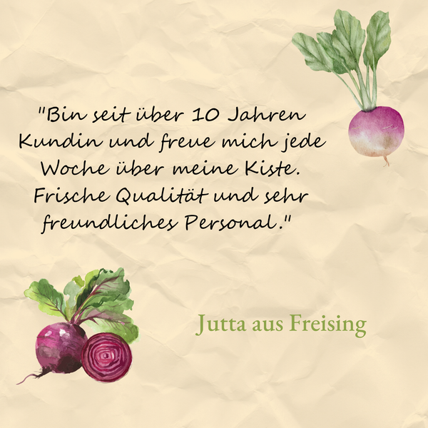 KI generiert: Kundenzitat über wöchliche Lieferkiste mit frischer Qualität und freundlichem Personal, dekoriert mit Radieschen.