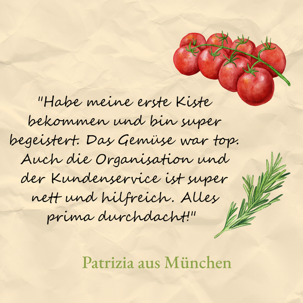 KI generiert: Ein Kundenfeedback über Gemüsekisten, mit Text: "Habe meine erste Kiste bekommen..." und Zeichnungen von Tomaten und Kräutern.