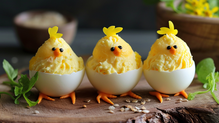 KI generiert: Drei Küken aus Eiern und Kartoffelpüree, dekorativ auf Holzbrett angerichtet.