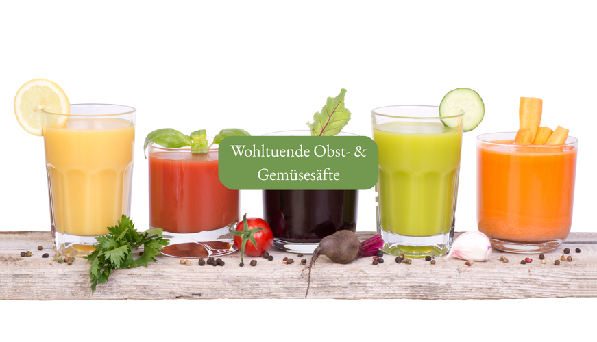 KI generiert: Fünf bunte Säfte in Gläsern mit Obst und Gemüse; Text: "Wohltuende Obst- & Gemüsesäfte".